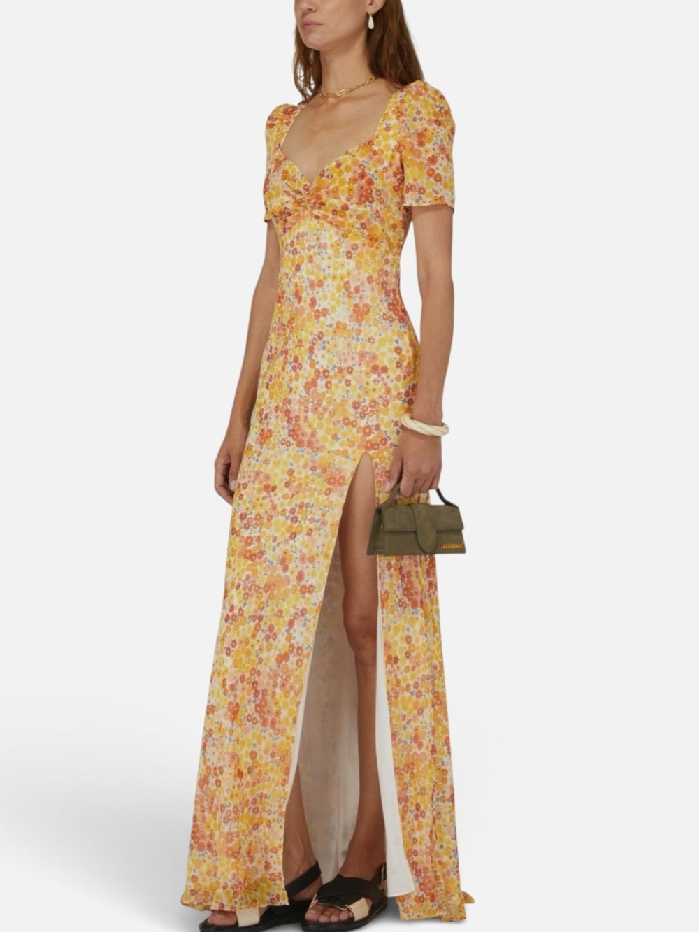 STAUD Lea Knot-Front Puff Shoulder Floral Maxi Dress NWT